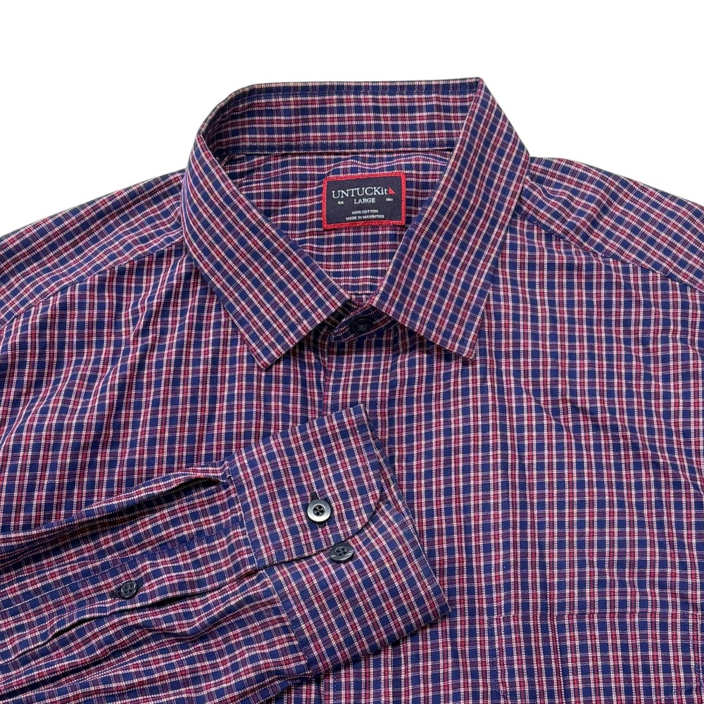 UNTUCKit Trivento Mens Large Navy Red Plaid‎ Button Up Shirt 40651 Regular Fit